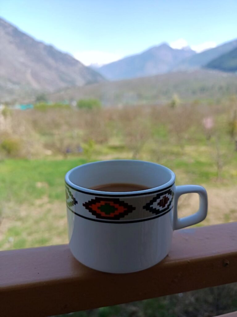 The real 'high tea'. 
Tea served in the traditional Kullu weave design cups, with a view from the room balcony accentuating the flavour of the experience.