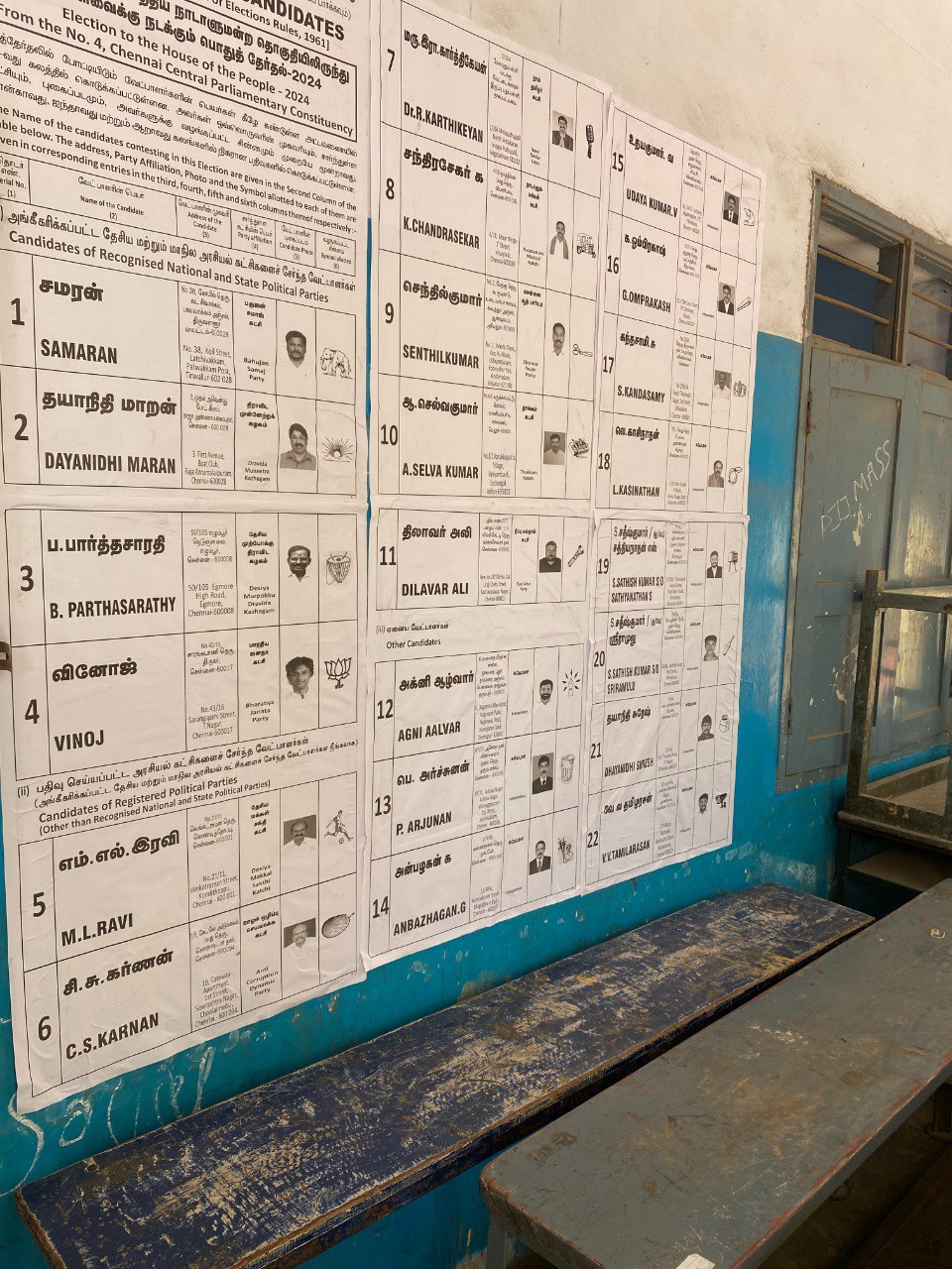 Contesting, Seeking Consent: Poster carrying the list of candidates contesting elections from Chennai Central Parliamentary Constituency at ELM Fabricius Higher Secondary School. Photo: S Vishnu Sharmaa