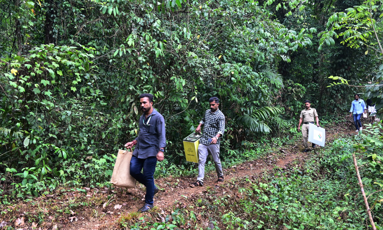 A home voting polling team travels through the remote villages of Manimoola, Kasaragod district, Kerala, enabling individuals who cannot travel to the polling booths on election day can vote from their homes beforehand. This ensures accessibility and participation in the electoral process for all eligible voters. photo by: Satheeshan.K