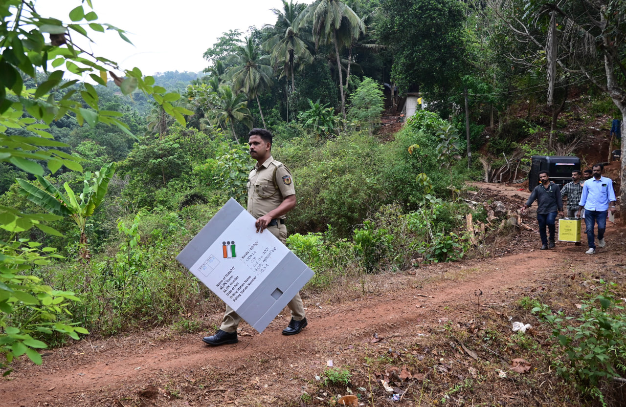 A home voting polling team travels through the remote villages of Manimoola, Kasaragod district, Kerala, enabling individuals who cannot travel to the polling booths on election day can vote from their homes beforehand. This ensures accessibility and participation in the electoral process for all eligible voters. photo by: Satheeshan.K